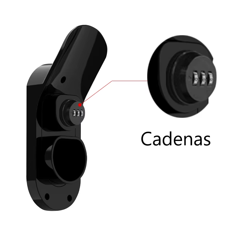 Cadenas noir à trois chiffres avec mécanisme de combinaison, monté sur un support mural en plastique noir. Gros plan mettant en évidence les chiffres pour une meilleure visibilité. Idéal pour sécuriser les installations des recharge électriques et cables