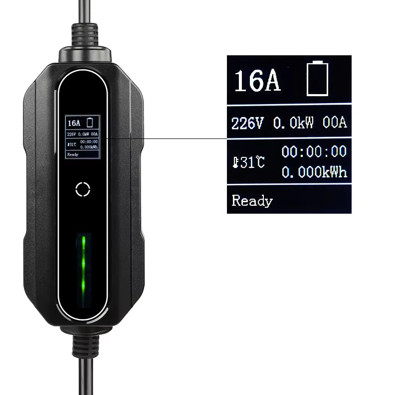 Chargeur portable pour véhicule électrique, accompagné d'un câble flexible avec connecteurs de type 2 et d'un écran affichant des paramètres de recharge. Ce chargeur est compact, pratique et conçu pour une utilisation fiable et transportable.