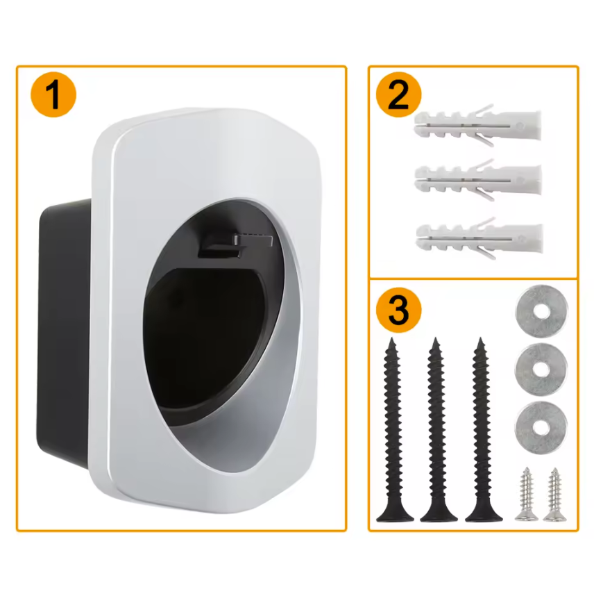 Kit de montage mural comprenant un support noir et blanc avec ouverture ovale, trois chevilles murales en plastique, quatre longues vis noires, trois rondelles en métal et deux petites vis argentées. Idéal pour installer un support de rangement pour câbles de recharge de véhicule électrique