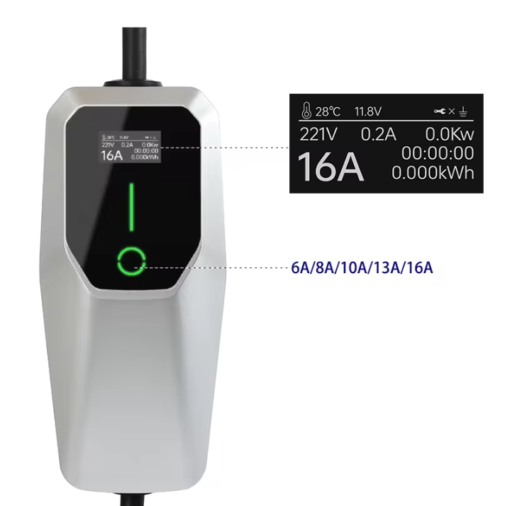 Station de recharge pour véhicule électrique équipée d'un écran numérique. L'écran affiche des informations détaillées sur la charge, y compris la température, la tension, le courant, la puissance, le temps et la consommation énergétique. La station dispose également d'un bouton de réglage et d'un indicateur LED vert pour une utilisation pratique et sécurisée