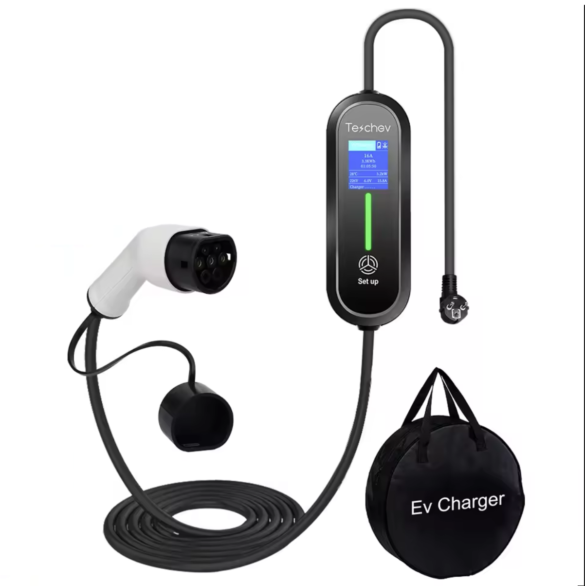 A portable electric vehicle charger set, including a control unit with a display showing charging parameters like current (16A), power (4.1KW), energy usage (41.5KWH), and temperature (23°C). The set features a flexible charging cable with a type 2 connector, a standard power plug for connection to an outlet, and a labeled carrying case ('EV Charger') for easy transportation. The control unit also has a setup button for user adjustments, making it a convenient charging solution for EV owners.