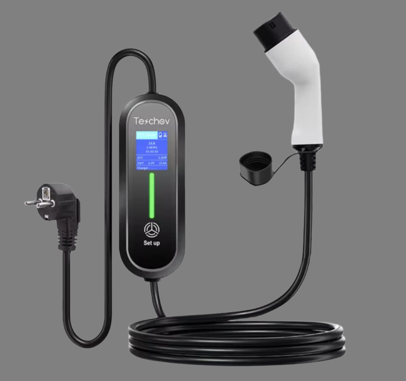 Une borne de recharge électrique 'Teschev' avec un écran lumineux indiquant des paramètres tels que le courant (16A), la puissance (3.3 kW), et l'énergie (3.3 kWh). Le câble de recharge attaché est équipé d'un connecteur de type 2 et d'une fiche standard européenne, le tout conçu pour faciliter le chargement des véhicules électriques dans un environnement moderne et pratique