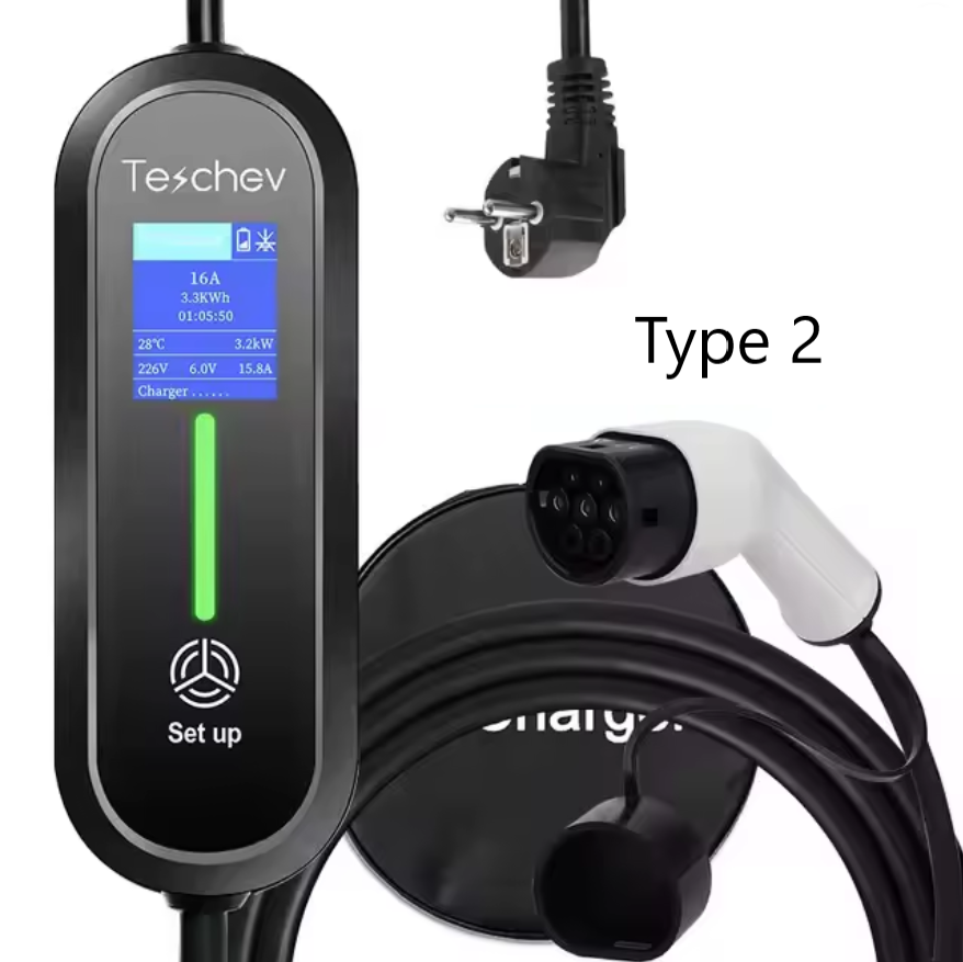 Une borne de recharge électrique avec un écran affichant des paramètres comme la puissance (3.2 kW), la consommation d'énergie (3.3 kWh) et la température (28°C). Le câble de recharge de type 2, enroulé autour de la borne, est robuste et pratique, conçu pour connecter efficacement les véhicules électriques à la borne