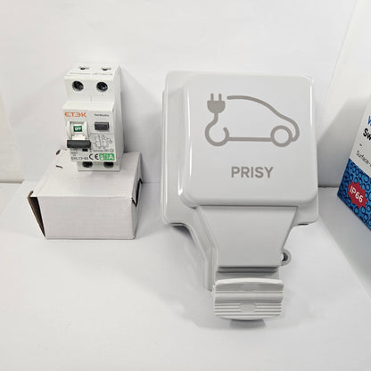 Kit d'installation sécurisée PRISY avec prise étanche IP66 3,7kW et protection électrique pour véhicule hybride.