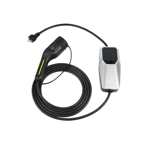 Câble de recharge ajustable 16A pour véhicule électrique comprenant une prise standard, un connecteur de charge noir avec bande jaune et bouton intégré