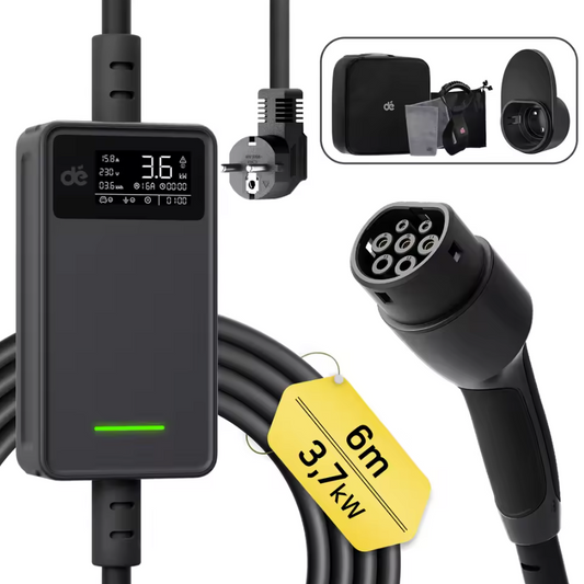 Câble de recharge ajustable pour véhicule électrique avec connecteur Type 2 et prise Schuko. Une unité de contrôle avec écran affiche des paramètres comme l'ampérage (15.8A), la tension (230V) et la puissance (3.6 kW)