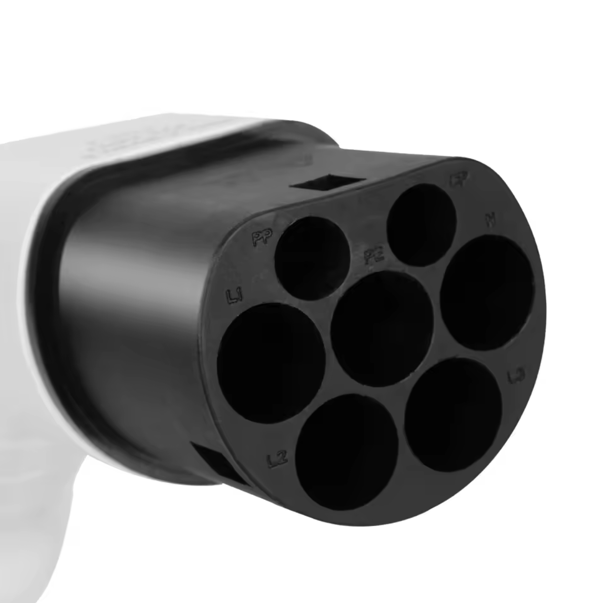 Un connecteur de câble de recharge de type 2 (Mennekes) cote borne de recharge, vu de face, avec ses sept broches circulaires disposées en un motif spécifique. Ce connecteur, standard en Europe pour les véhicules électriques