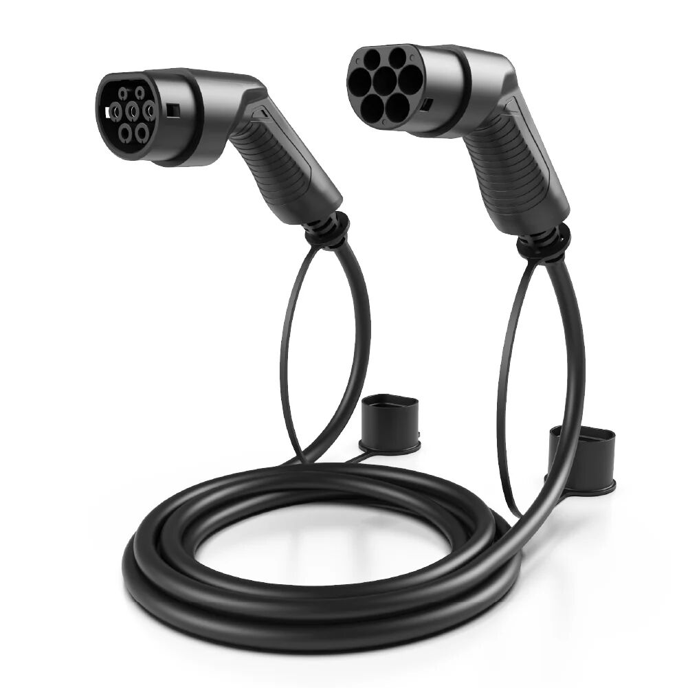 Câble de recharge Prisy Type 2 vers Type 2 pour voiture électrique, avec ses deux connecteurs et capuchons de protection