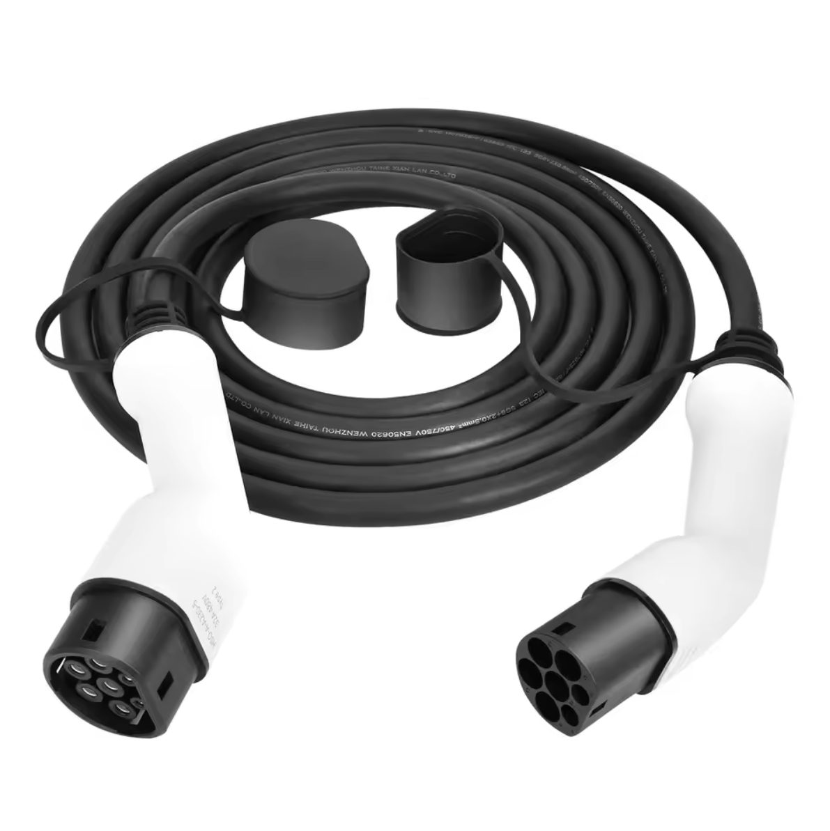 câble de recharge de type 2 pour véhicule électrique, enroulé proprement avec des connecteurs aux deux extrémités. Les connecteurs, dotés de multiples broches et de capuchons de protection, assurent une compatibilité standardisée. Ce câble noir est conçu pour offrir une recharge fiable et pratique des véhicules électriques
