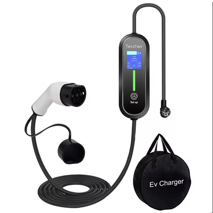 A portable electric vehicle charger set, including a control unit with a display showing charging parameters like current (16A), power (4.1KW), energy usage (41.5KWH), and temperature (23°C). The set features a flexible charging cable with a type 2 connector, a standard power plug for connection to an outlet, and a labeled carrying case ('EV Charger') for easy transportation. The control unit also has a setup button for user adjustments, making it a convenient charging solution for EV owners.