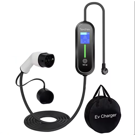 A portable electric vehicle charger set, including a control unit with a display showing charging parameters like current (16A), power (4.1KW), energy usage (41.5KWH), and temperature (23°C). The set features a flexible charging cable with a type 2 connector, a standard power plug for connection to an outlet, and a labeled carrying case ('EV Charger') for easy transportation. The control unit also has a setup button for user adjustments, making it a convenient charging solution for EV owners.