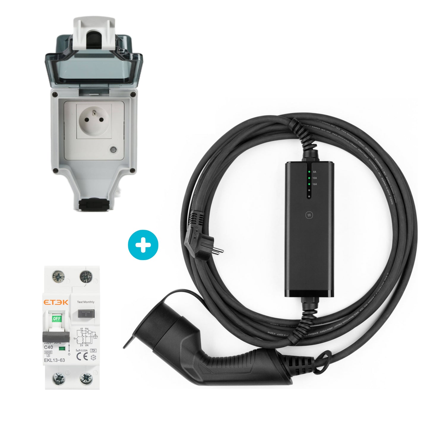 Pack Station de Charge 3.7kW Prêt à Poser : Chargeur BN20 + Prise Prisy + Disjoncteur Type A