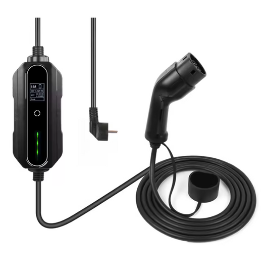 Chargeur portable pour véhicule électrique, accompagné d'un câble flexible avec connecteurs de type 2 et d'un écran affichant des paramètres de recharge. Ce chargeur est compact, pratique et conçu pour une utilisation fiable et transportable.