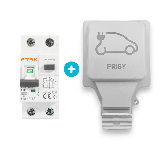 Pack complet recharge domicile PRISY : prise murale renforcée 16A et disjoncteur différentiel 20A Type A